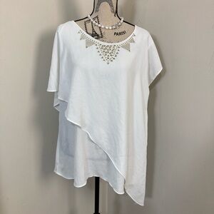 NY Collection White Asymmetrical Gold Silver Embellished Blouse
